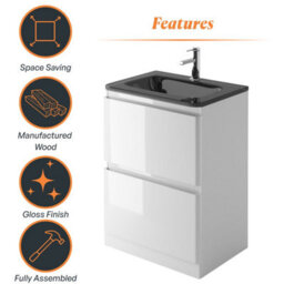 Plum&clay Marvel Gloss White Floor Standing Bathroom Vanity Unit With Grey Glass Basin (W)600mm - thumbnail 6