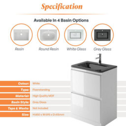 Plum&clay Marvel Gloss White Floor Standing Bathroom Vanity Unit With Grey Glass Basin (W)600mm - thumbnail 5