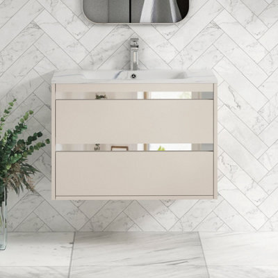 Royal Bathrooms Orion 800mm Warm Taupe 2 Drawer Wall Hung Bathroom Vanity Unit With Carrara White Basin & Chrome Accent Trim - image 1