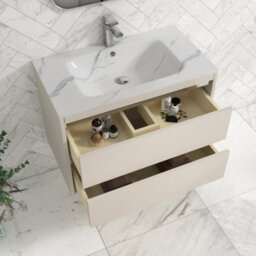 Royal Bathrooms Orion 800mm Warm Taupe 2 Drawer Wall Hung Bathroom Vanity Unit With Carrara White Basin & Chrome Accent Trim - thumbnail 4