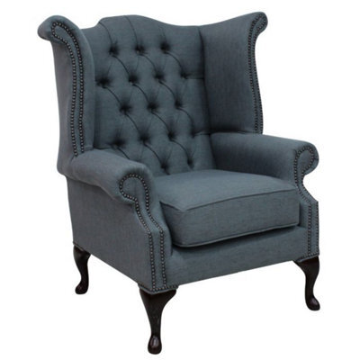 Chesterfield High Back Wing Chair Zoe Plain Granite Fabric In Queen Anne Style - image 1