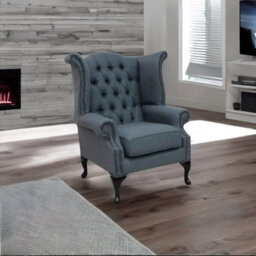 Chesterfield High Back Wing Chair Zoe Plain Granite Fabric In Queen Anne Style - thumbnail 3