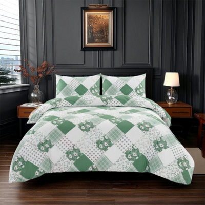 Duvet Cover And Pillowcase Set Floral Patchwork Design Polycotton Bed Linen Green - image 1