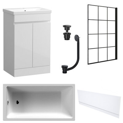 FNX Bathrooms Waterproof 600mm Vanity Unit With Single Ended Bath, Gloss White Front Panel, Matt Black Screen, Bath & Universal Basin Waste - image 1