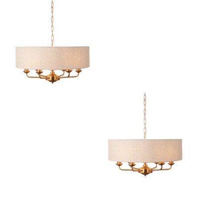 Loops Elegant 2 Pack Vintage Brass Ceiling Pendant Lights With Natural Linen Shades - E14 Compatible - image 1
