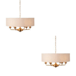 Loops Elegant 2 Pack Vintage Brass Ceiling Pendant Lights With Natural Linen Shades - E14 Compatible