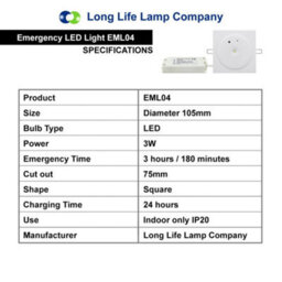 Long Life Lamps Company 3W Recessed Led Emergency Ceiling Light Square Ultraslim Panel Maintained/ Non-Maintained 180 Minutes Eml04 - thumbnail 9