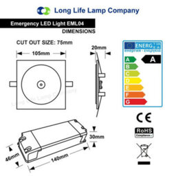 Long Life Lamps Company 3W Recessed Led Emergency Ceiling Light Square Ultraslim Panel Maintained/ Non-Maintained 180 Minutes Eml04 - thumbnail 2