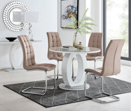 Furniturebox Giovani Round 4 Seat 100Cm White High Gloss Unique Halo Base Grey Glass Top Dining Table 4 Beige Faux Leather Murano Chairs