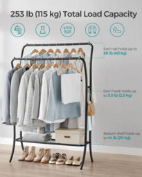 Songmics Heavy-Duty Metal Frame Clothes Rail, Double Hanging Rail, Portable Rack With 6 Hooks, Storage Shelf, Ink Black - thumbnail 3