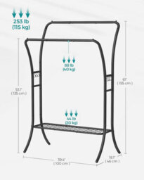 Songmics Heavy-Duty Metal Frame Clothes Rail, Double Hanging Rail, Portable Rack With 6 Hooks, Storage Shelf, Ink Black - thumbnail 2