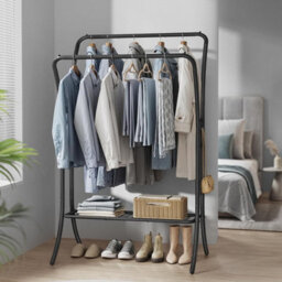 Heavy-Duty Metal Frame Clothes Rail, Double Hanging Rail, Portable Rack With 6 Hooks, Storage Shelf, Ink Black