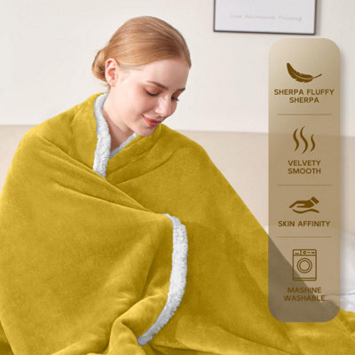 Ameha Sherpa Fleece Blanket Double Ochre 150X200Cm Reversible Throw For Sofa, Bed & Travel - image 1