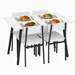 White Marble Compact Rectangular Dining Table And 4 Chairs Set For Space Saving Kitchen - thumbnail 1