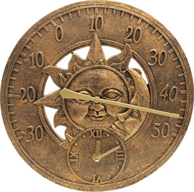 "St Helens Home & Garden Vintage 12"" Sun And Moon Outdoor Wall Clock And Thermometer For Garden" - image 1