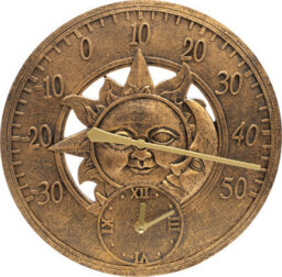 "St Helens Home & Garden Vintage 12"" Sun And Moon Outdoor Wall Clock And Thermometer For Garden" - thumbnail 1