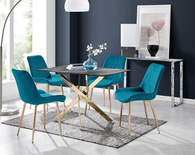 Furniturebox Uk Leonardo Grey Glass Marble Effect Gold Leg Table & 4 Blue Pesaro Gold Leg Chairs - image 1