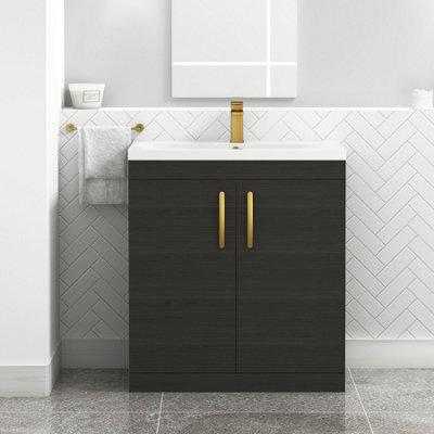 Royal Bathrooms Turin Hale Black 800mm Floor Standing Vanity Unit 2 Door With Mid-Edge Basin Sink & Brushed Brass Handles - image 1