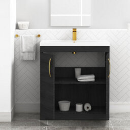 Royal Bathrooms Turin Hale Black 800mm Floor Standing Vanity Unit 2 Door With Mid-Edge Basin Sink & Brushed Brass Handles - thumbnail 5