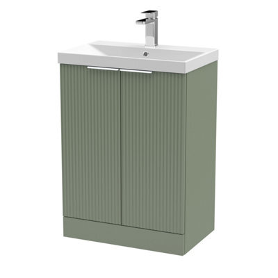 Balterley Tixall Fluted 2 Door Floor Standing Vanity Unit With Thin Edge Basin, Satin Green, 600mm - image 1