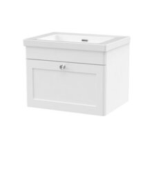 Balterley Swynnerton Traditional 1 Drawer Wall Hung Vanity Unit With Fireclay Basin, Satin White, 600mm - thumbnail 1