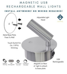 CGC Lighting Cgc Scarlet Satin Nickel Adjustable Head Led Rechargeable Magnetic Usb Reading Bedside Wall Light - thumbnail 7