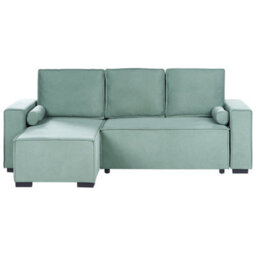 Beliani Corner Sofa Bed 3 Seater Edane Fabric Light Green With Storage Right Hand