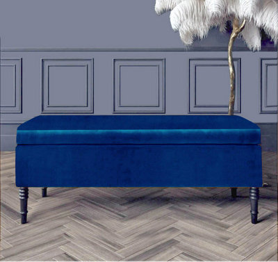 Paris Plain 180Cm Ottoman Storage Bench - Plush Velvet Shoe Bench - Sapphire Blue Upholstery Footstool With Storage - image 1