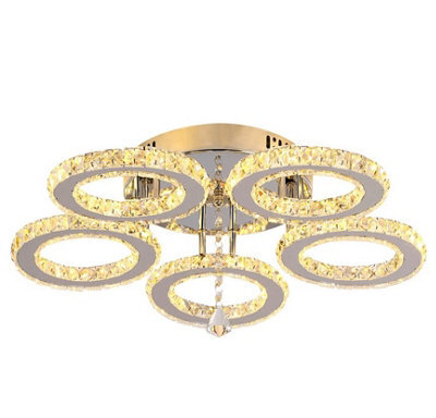 Crystal Silver Chandelier Led Ceiling Light Warm White 5 Rings