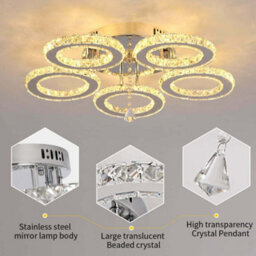 Crystal Silver Chandelier Led Ceiling Light Warm White 5 Rings - thumbnail 4