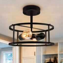Long Life Lamps Company Industrial Black Ceiling Light Round 2 Light Drum Shade Lantern Semi Flush Mount K439 - thumbnail 7