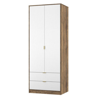 Nashville Ready Assembled Contemporary Matt White & Oak 2 Drawer Tall Double Wardrobe (H)1960mm (W)740mm (D)520mm - image 1