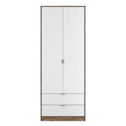 Nashville Ready Assembled Contemporary Matt White & Oak 2 Drawer Tall Double Wardrobe (H)1960mm (W)740mm (D)520mm - thumbnail 2