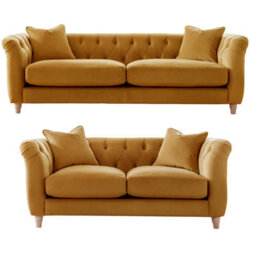 Furnishings For Less UK Elsie Velvet Chesterfield Plush Velvet Ochre 3 Seater + 2 Seater Sofa - thumbnail 1