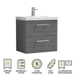 Balterley Bramshall Modern Bathroom Wall Hung 2 Soft Close Drawer Vanity Unit & Mid-Edge Basin, Anthracite, 610mm - thumbnail 6