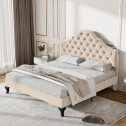 BTM Upholstered Bed 4Ft6 Slatted Frame Headboard Height-Adjustable Youth Bed Velvet Beige - thumbnail 3