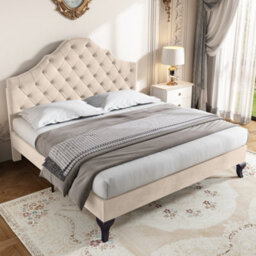 BTM Upholstered Bed 4Ft6 Slatted Frame Headboard Height-Adjustable Youth Bed Velvet Beige