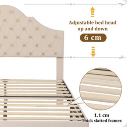 BTM Upholstered Bed 4Ft6 Slatted Frame Headboard Height-Adjustable Youth Bed Velvet Beige - thumbnail 6