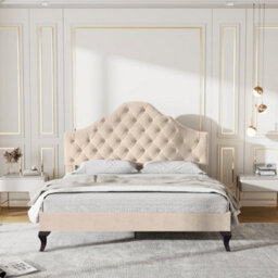 BTM Upholstered Bed 4Ft6 Slatted Frame Headboard Height-Adjustable Youth Bed Velvet Beige - thumbnail 5