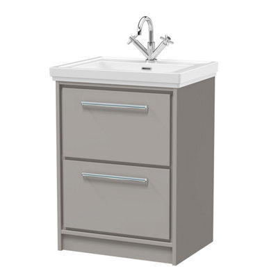 Balterley Longnor Modern Bathroom Floor Standing 2-Drawer Vanity Unit With Fireclay Basin, Pebble Grey, 600mm - image 1