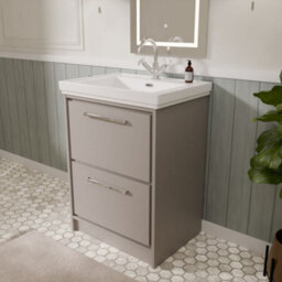 Balterley Longnor Modern Bathroom Floor Standing 2-Drawer Vanity Unit With Fireclay Basin, Pebble Grey, 600mm - thumbnail 4