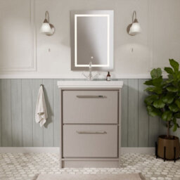 Balterley Longnor Modern Bathroom Floor Standing 2-Drawer Vanity Unit With Fireclay Basin, Pebble Grey, 600mm - thumbnail 2
