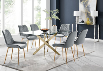 Furniturebox Uk Leonardo 6 Gold Dining Table And 6 Grey Pesaro Gold Leg Chairs - image 1