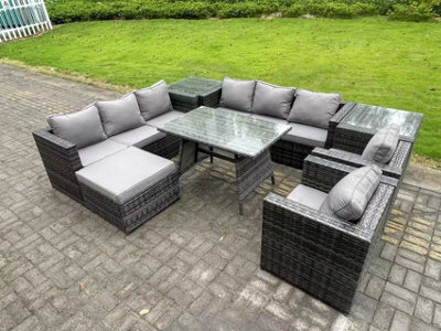 Fimous Wicker Rattan Outdoor Furniture Lounge Sofa Garden Dining Set With Dining Table 2 Side Tables Big Footstool - image 1