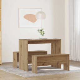 Walplus 3 Piece Dining Table And Bench Set Atisian Oak Engineered Wood