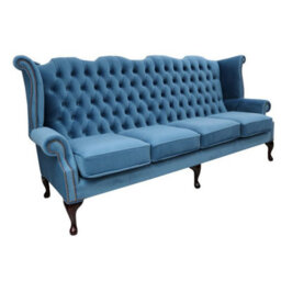 Chesterfield 4 Seater High Back Wing Sofa Amalfi Cadet Blue Velvet In Queen Anne Style - thumbnail 2