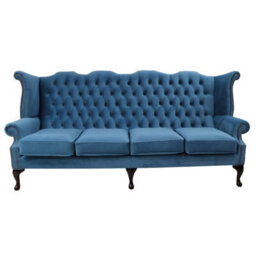 Chesterfield 4 Seater High Back Wing Sofa Amalfi Cadet Blue Velvet In Queen Anne Style - thumbnail 1