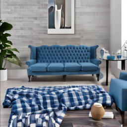 Chesterfield 4 Seater High Back Wing Sofa Amalfi Cadet Blue Velvet In Queen Anne Style - thumbnail 3