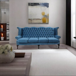 Chesterfield 4 Seater High Back Wing Sofa Amalfi Cadet Blue Velvet In Queen Anne Style - thumbnail 4