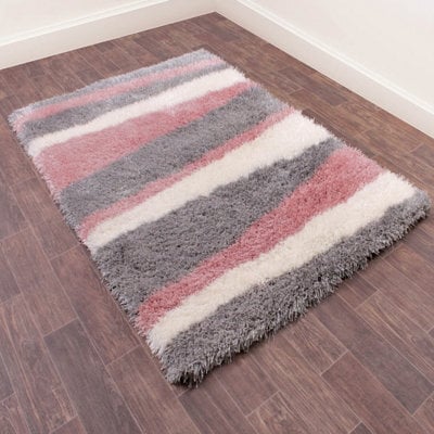 Grey Handmade Shaggy Sparkle Striped Easy To Clean Polyester Rug For Living Room, Bedroom - 180Cm X 270Cm